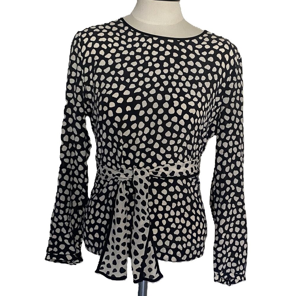 J.Crew 100% Silk Black/Tan or Cream Blouse sz S/M